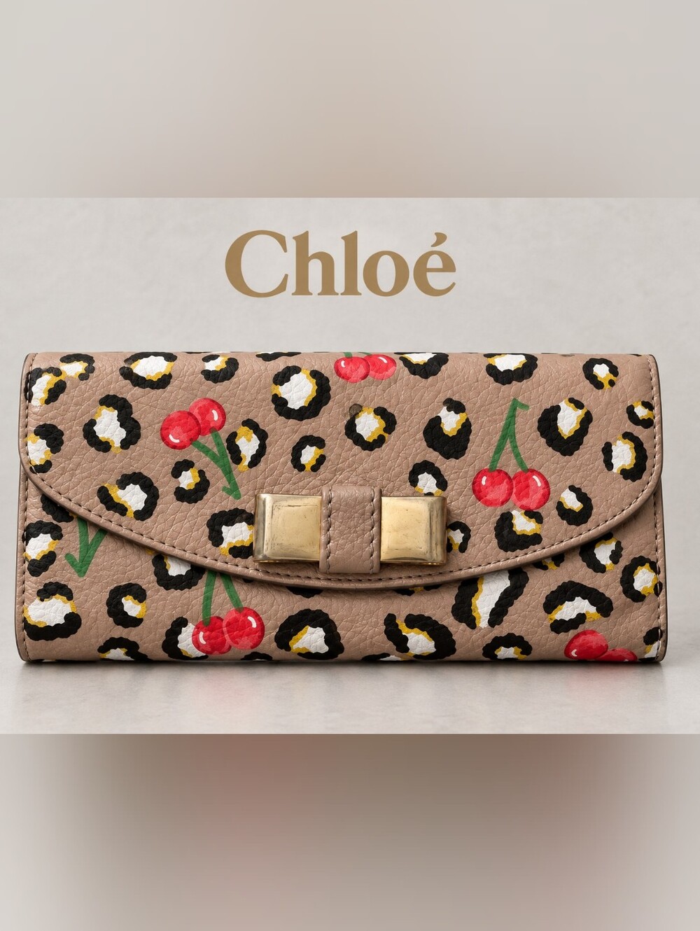 CHLOE Lilly Cherry & Leopard Print Leather Wallet Clutch
